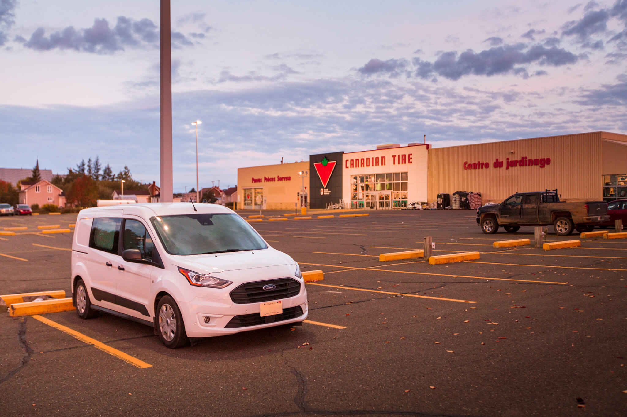 Staying overnight in our Transit Connect van in a Canadian Tire parking lot (with permission)