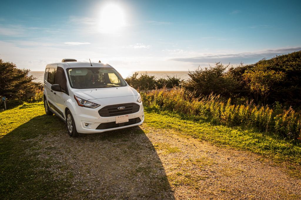 Transit Connect van in a seaside camp site in Green Point, Gros Morne National Park, Newfoundland