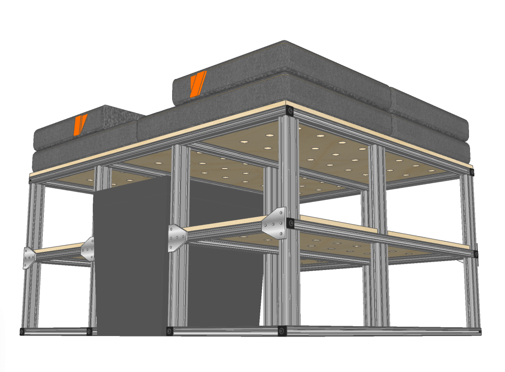 T-slot aluminum Transit Connect sleeping platform in shelf mode with Yeti cooler and folding mattresses