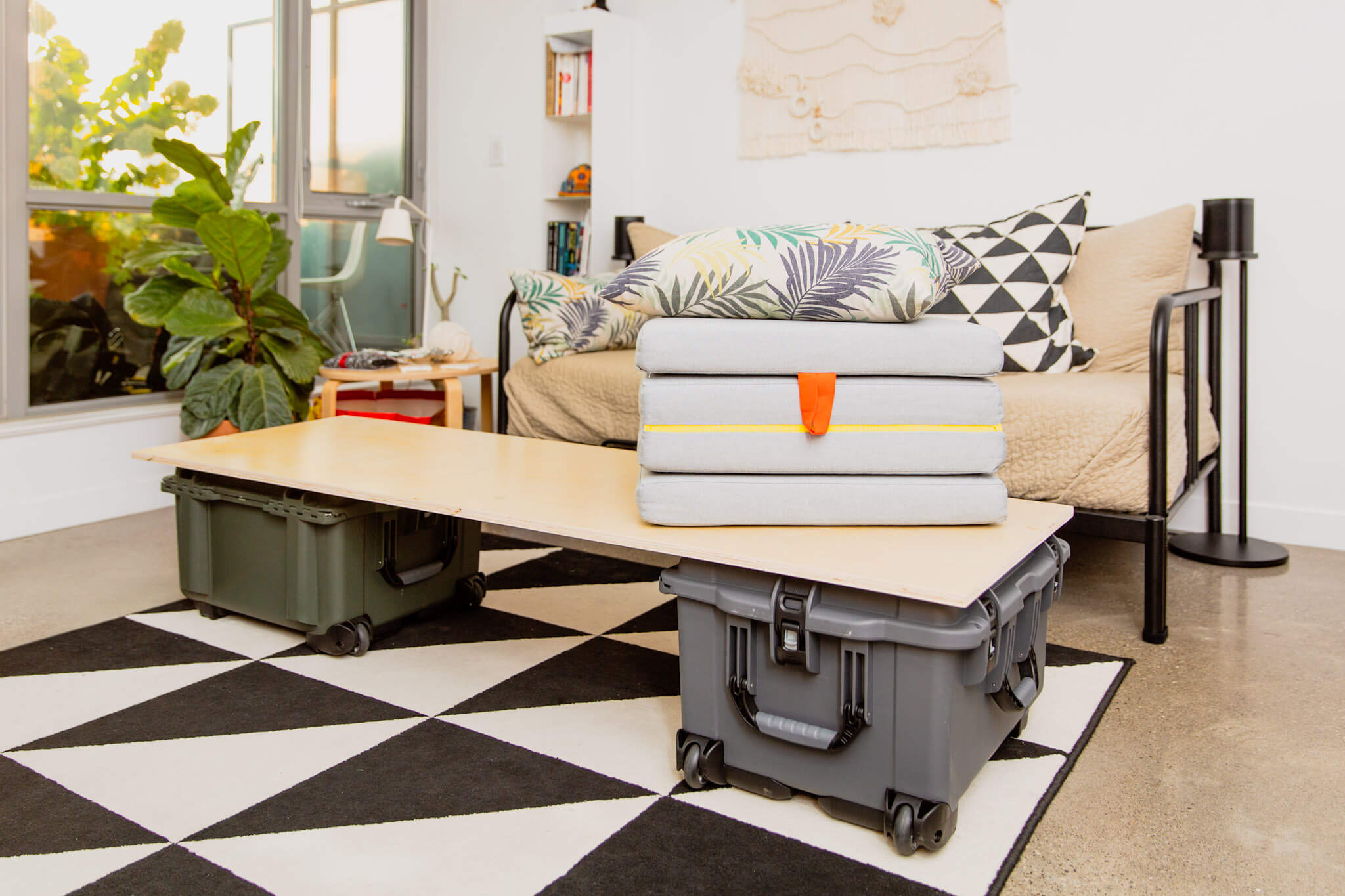 Testing a bed prototype with an IKEA SLÄKT mattress, plywood and Nanuk 960 hard cases