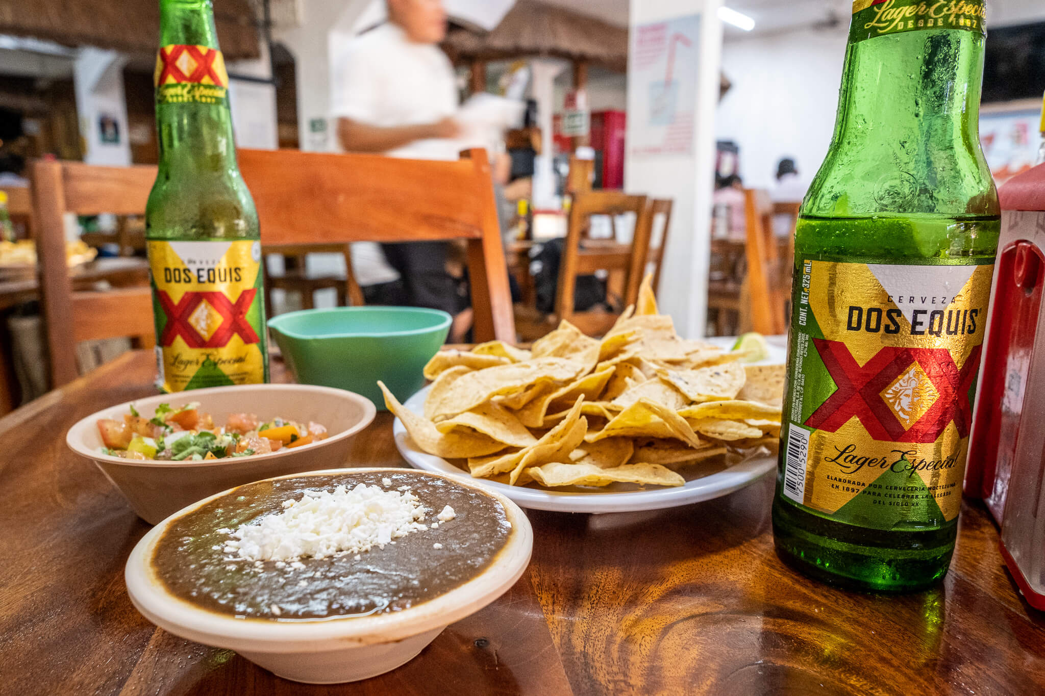 Totopos with salsa at El Camello Jr in Tulum