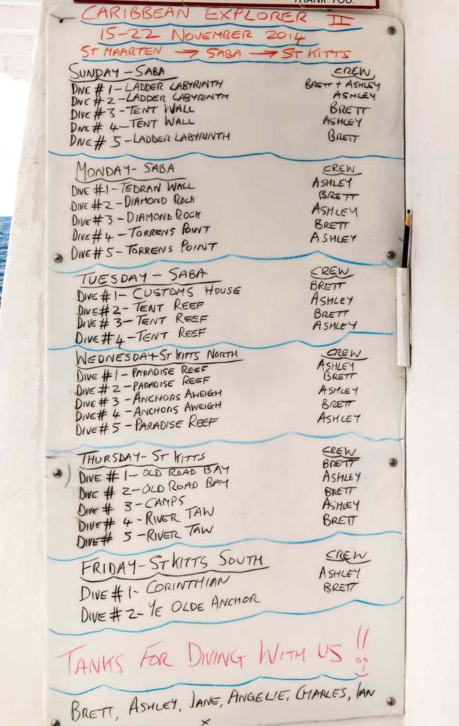 Our Caribbean Explorer II dive site schedule for the week