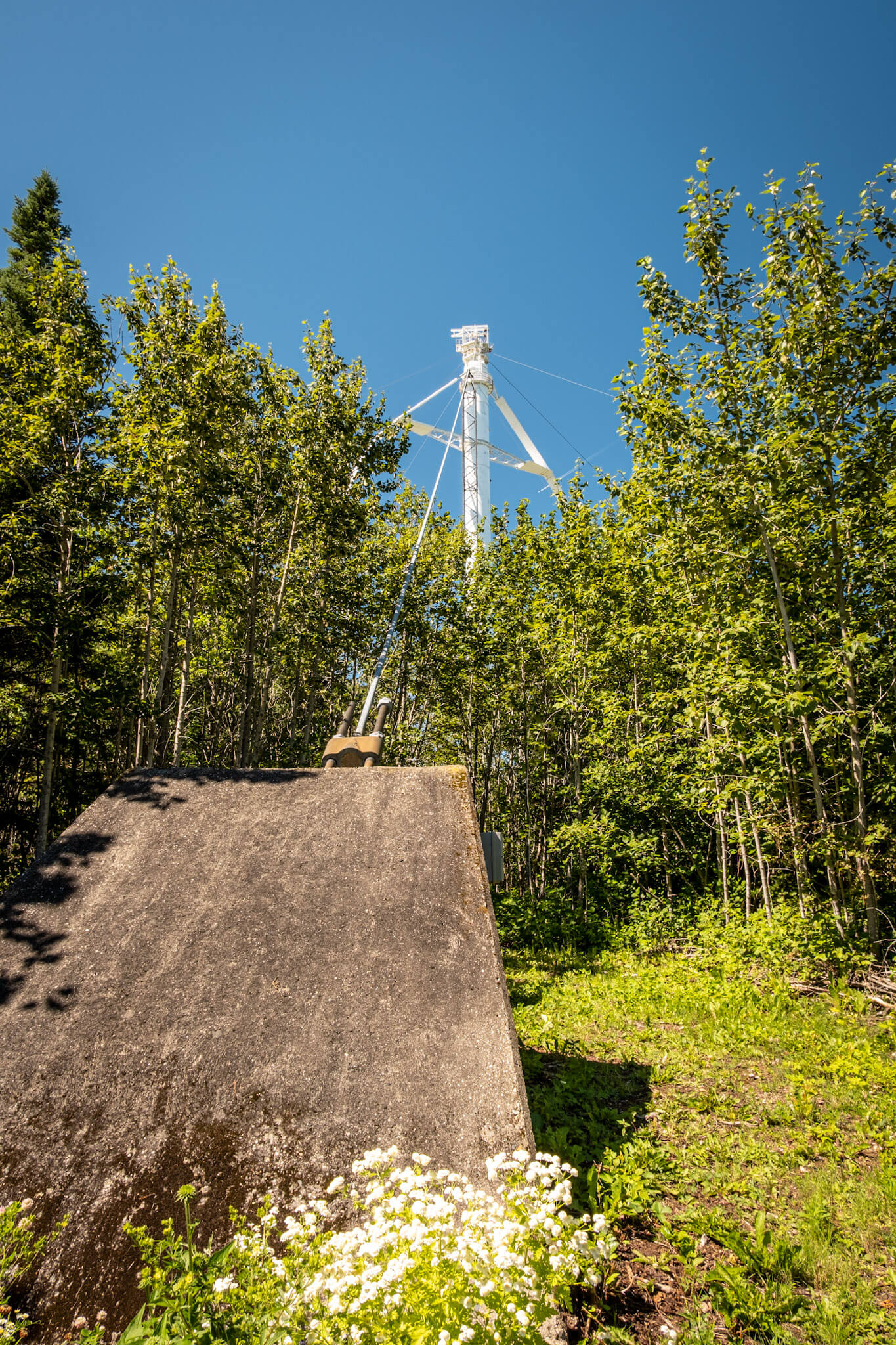 Guy wire supporting the massive vertical axis wind turbine at Projet Éole, in Cap-Chat, Quebec