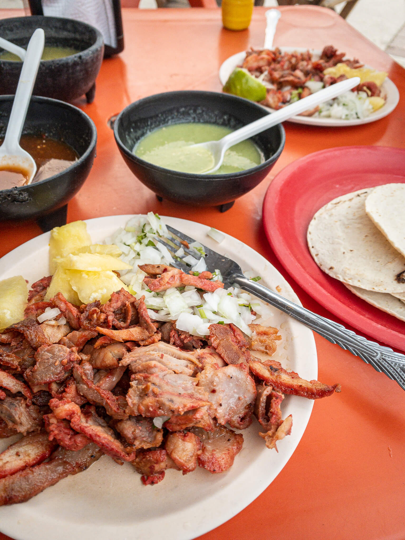 Assembling our own tacos al pastor at Taqueria el Carboncito