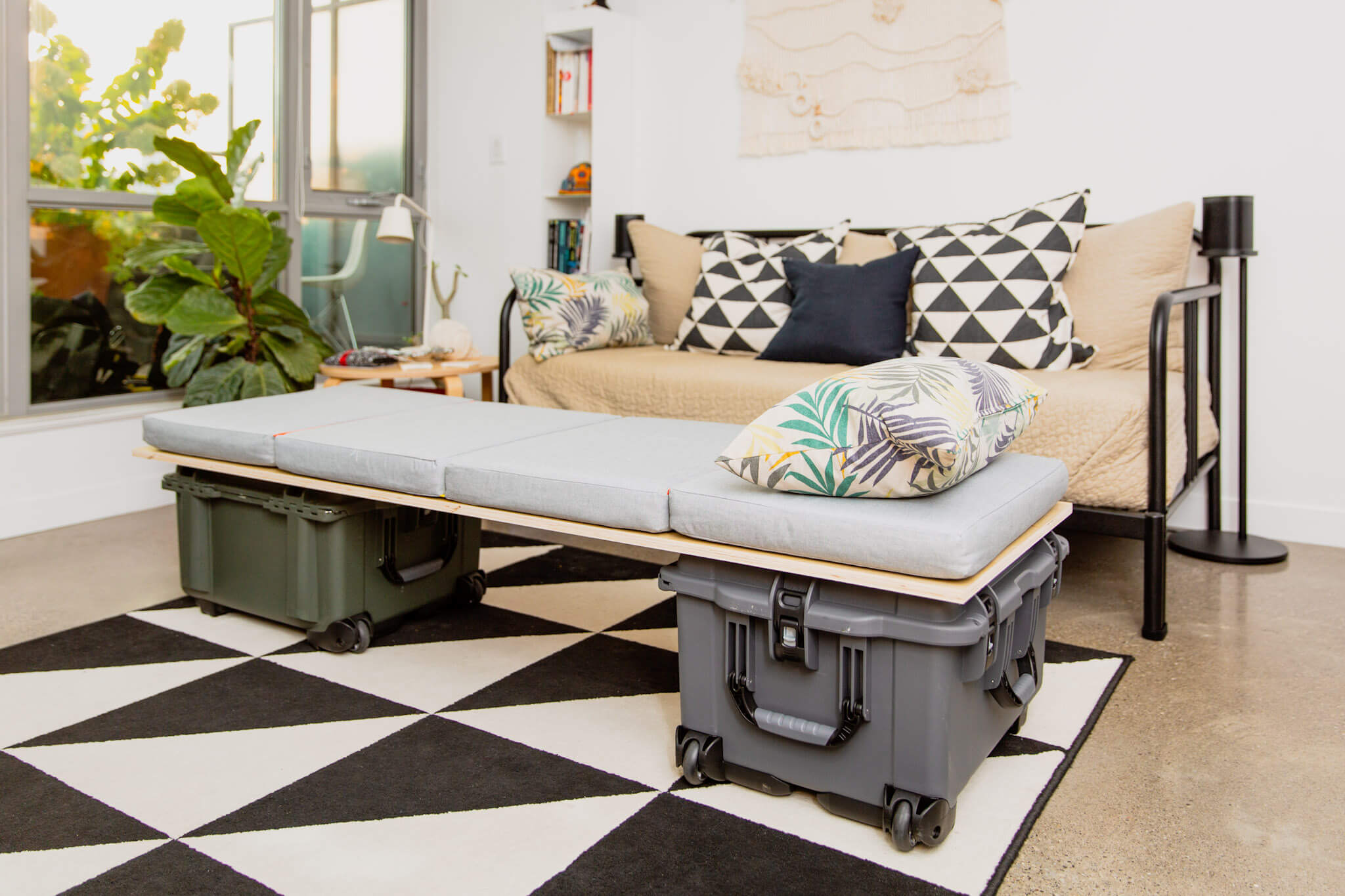 Testing a bed prototype with an IKEA SLÄKT mattress, plywood and Nanuk 960 hard cases