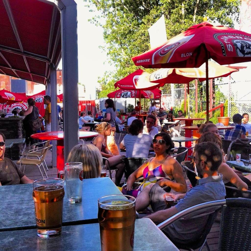 Enjoying a local beer at Terrace St-Ambroise along the Lachine Canal