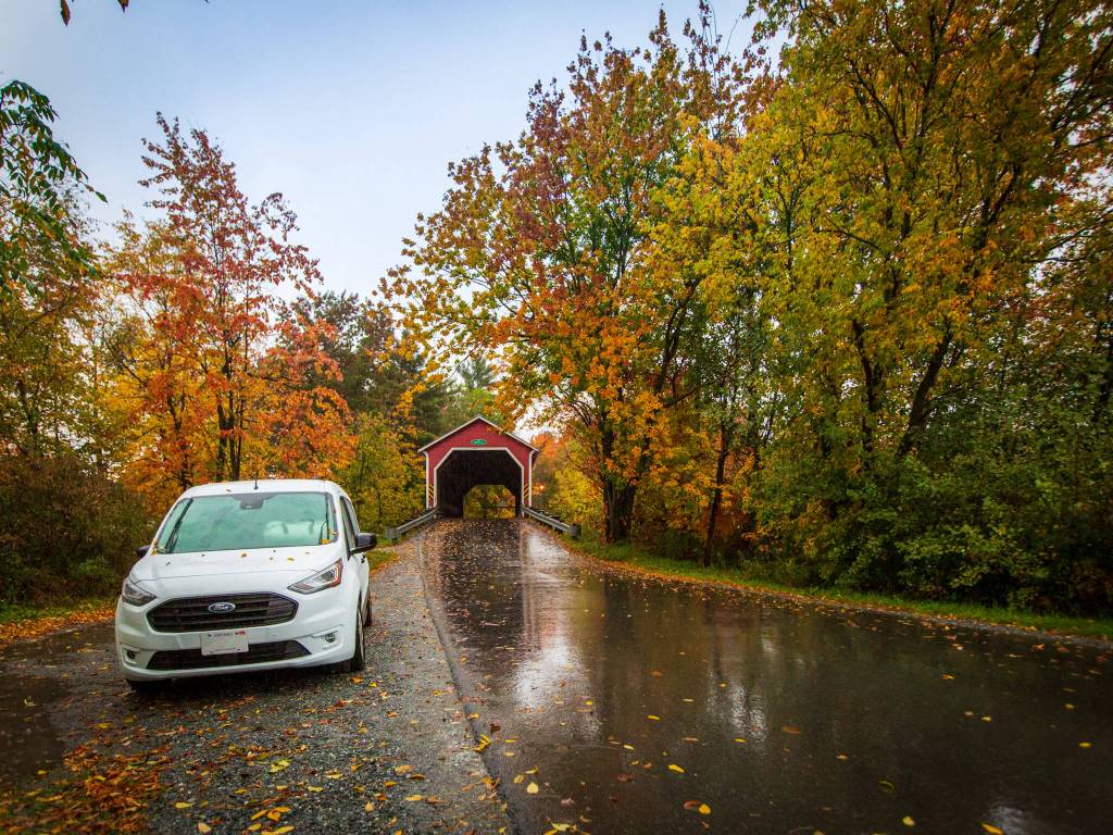 Balthazar covered bridge in Brigham, Québec, near Montreal, on a rainy fall day