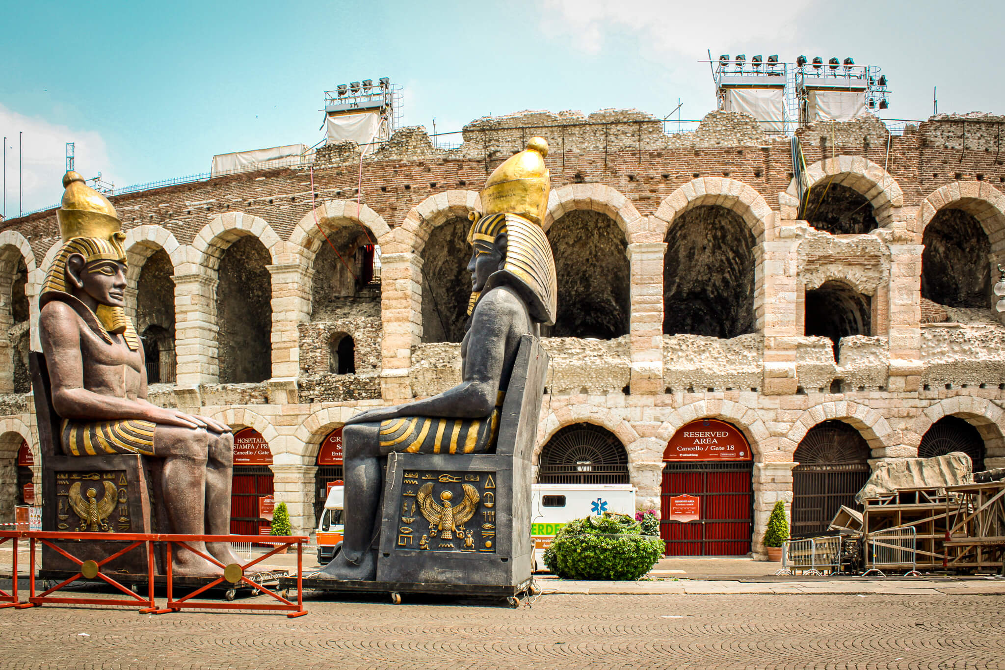Props for the opera Aida outside the Verona Arena