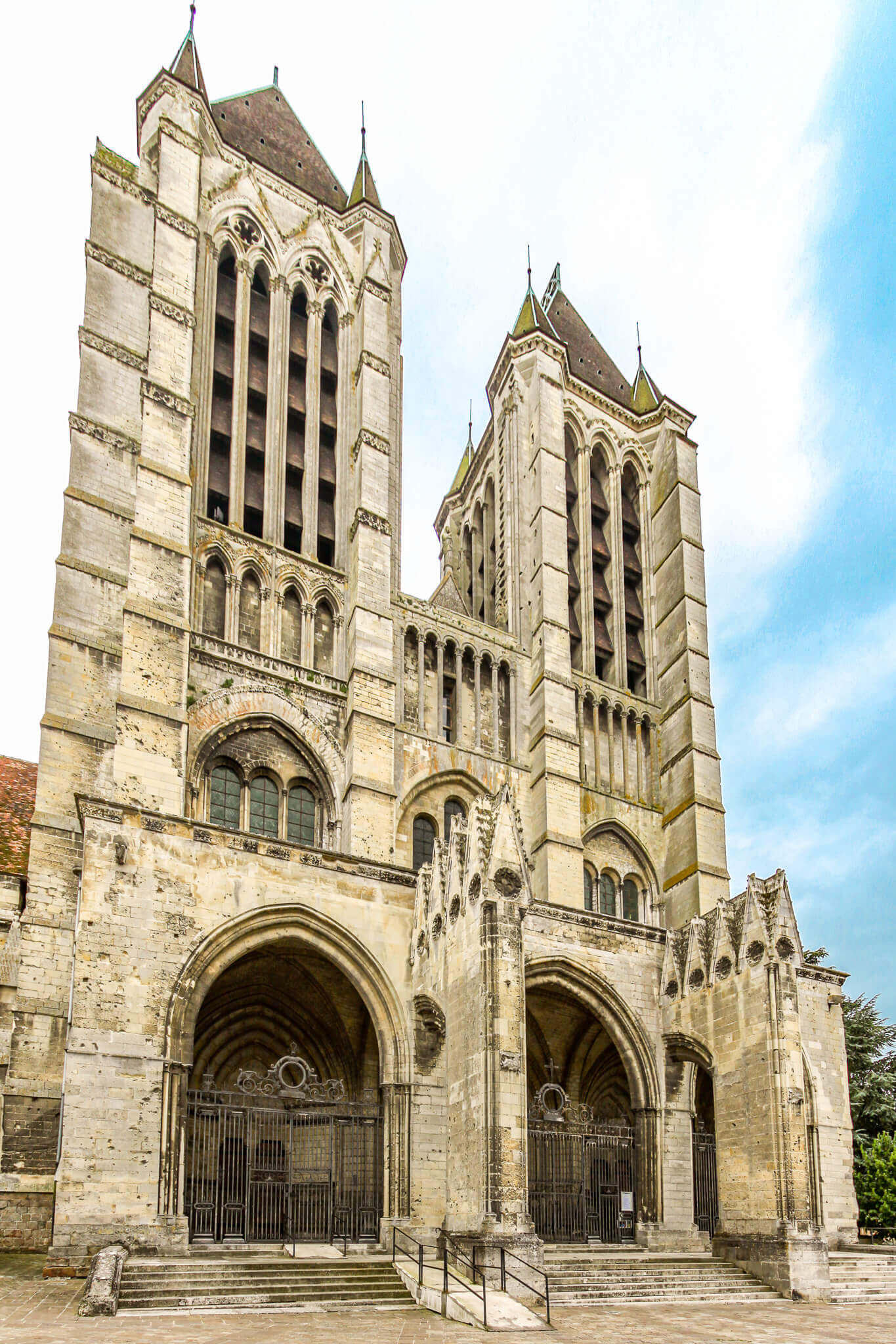 The facade of the early Gothic Noyon Cathedral