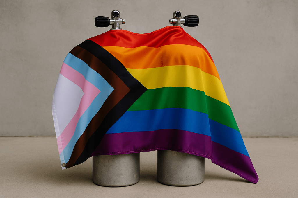 Progress pride flag draped over 2 scuba cylinders (AI-generated image)