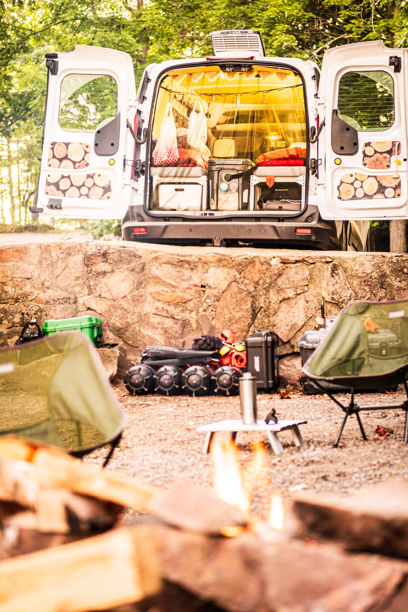 Scuba equipment in front of a converted Transit Connect van at Ivy Lea Campground in Ontario