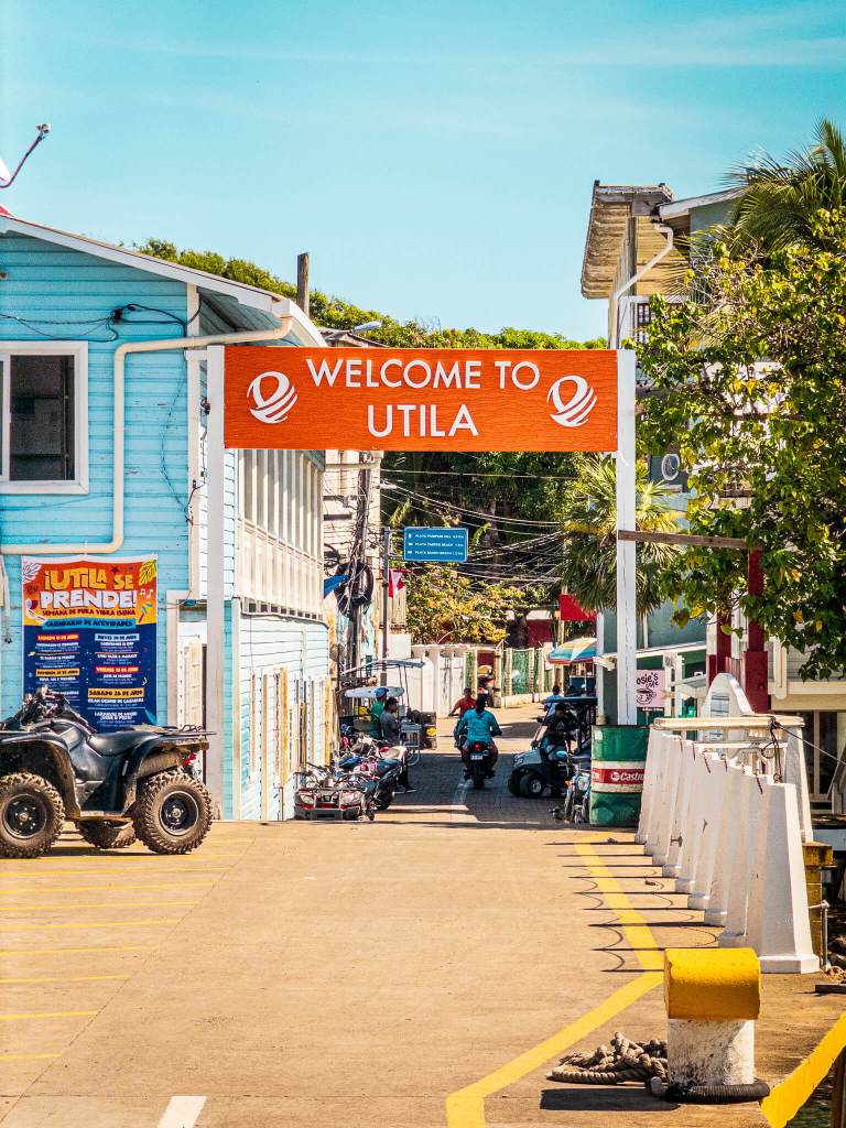 The "Welcome to Utila" sign at the ferry dock in Utila, Honduras