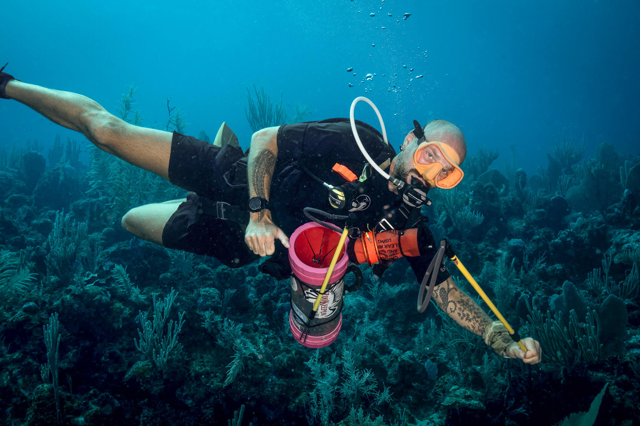 Scuba diver with lionfish hunting equipment in Utila, Honduras