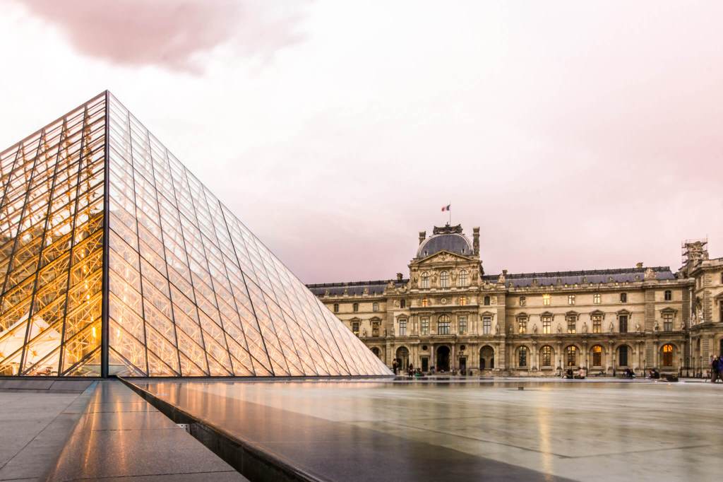 The Louvre Pyramid at golden hour