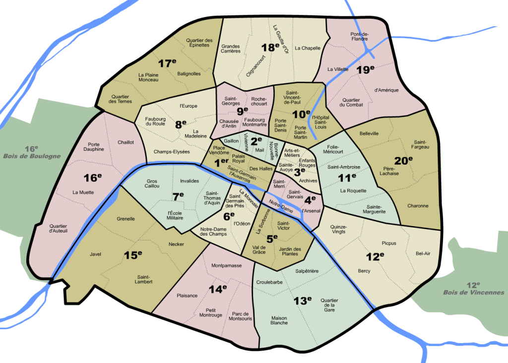 Map of the arrondissements and neighbourhoods of Paris