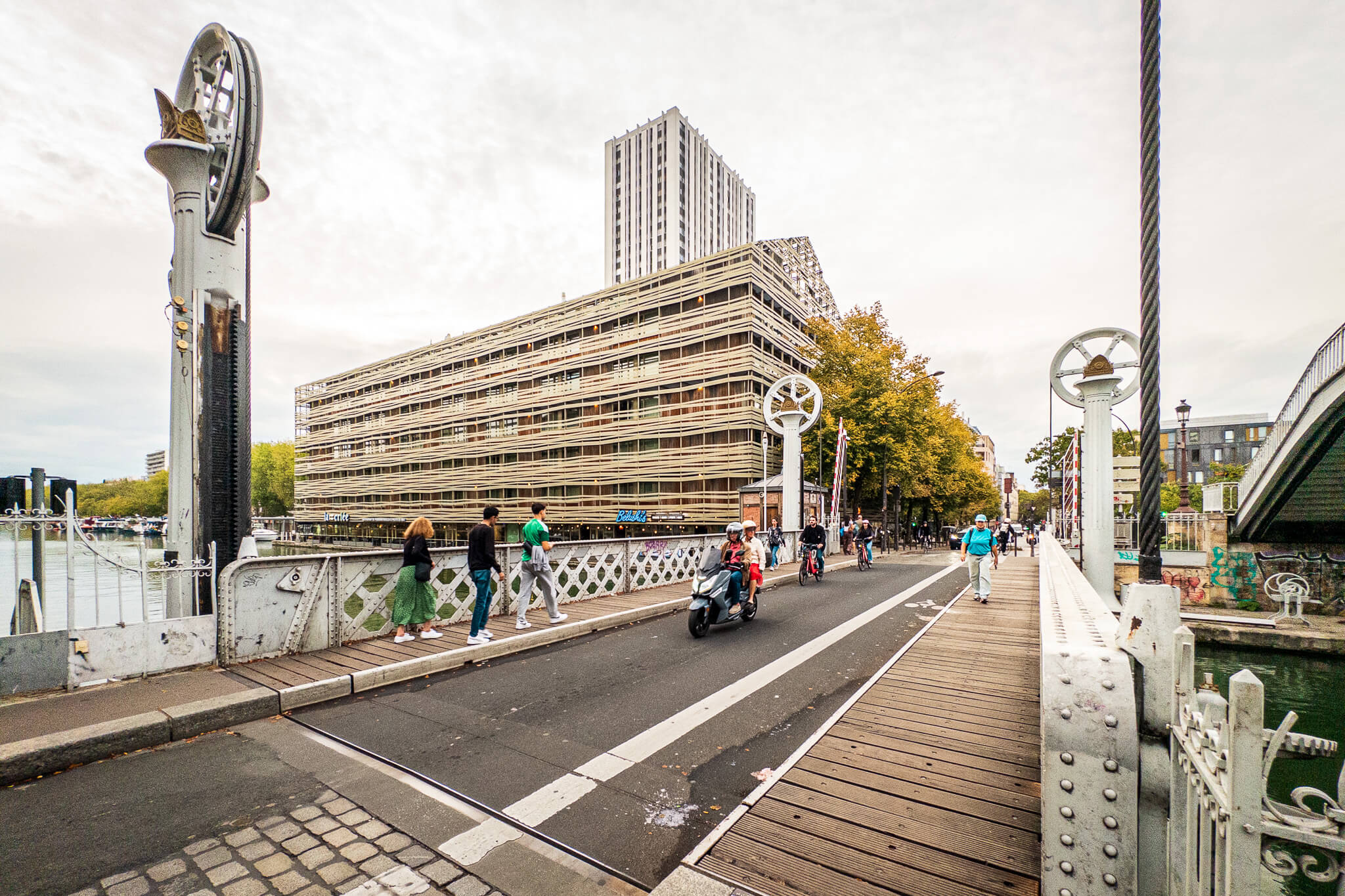 The Pont de Crimée vertical lift bridge at the junction of the Bassin de la Villette and the Canal de l'Ourcq in Paris
