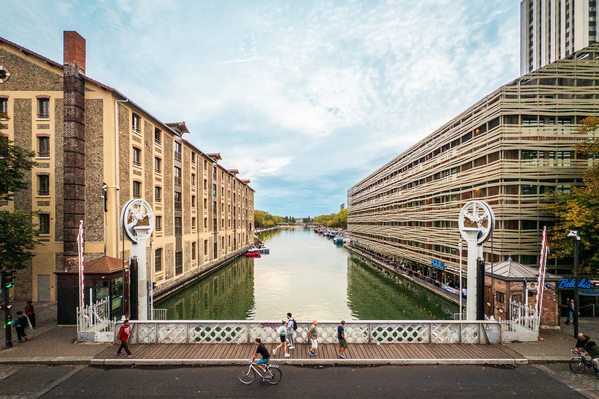 The bassin de la Villette in Paris with the Pont de Crimée vertical lift bridge in the foreground