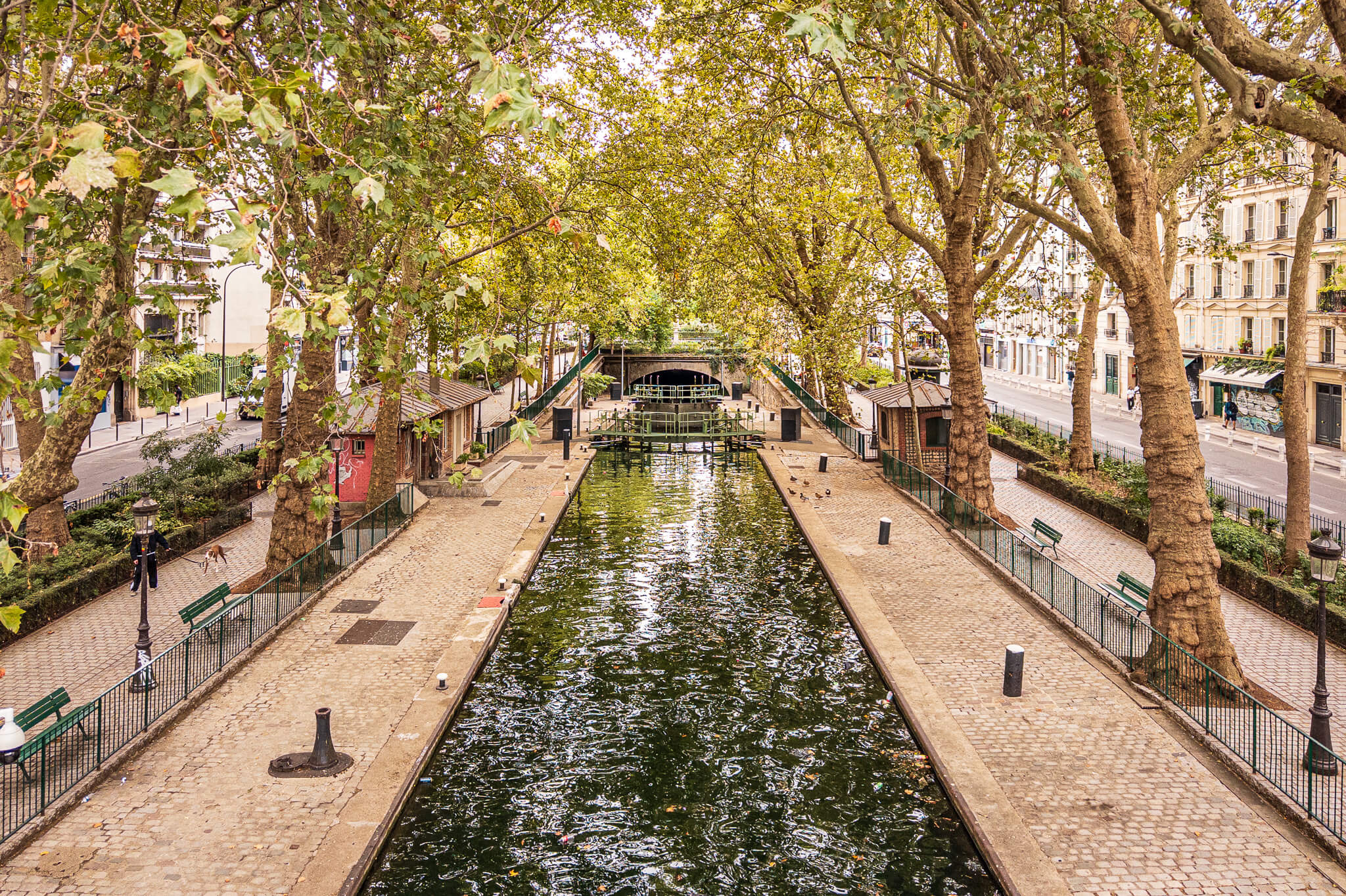 Canal Saint-Martin in Paris, lined with plane trees