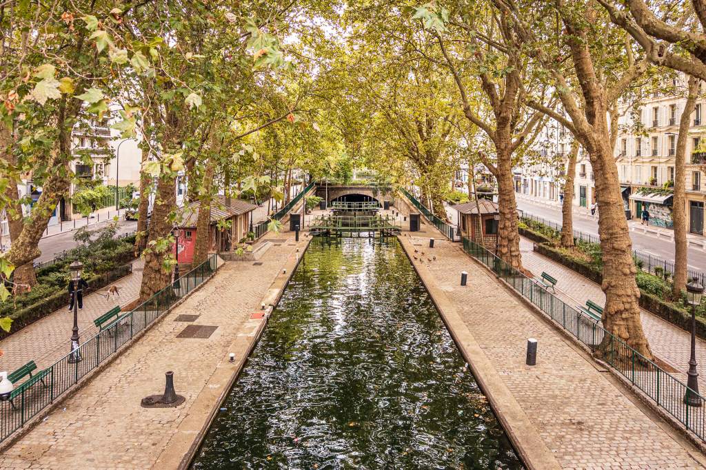 Canal Saint-Martin in Paris, lined with plane trees