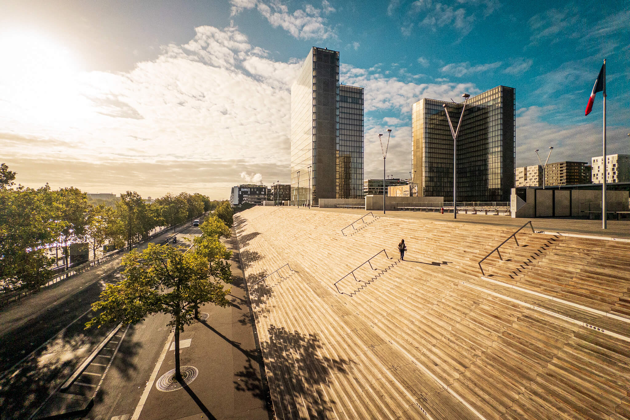 The François-Mitterrand Library and massive staircase along the Seine river in Paris