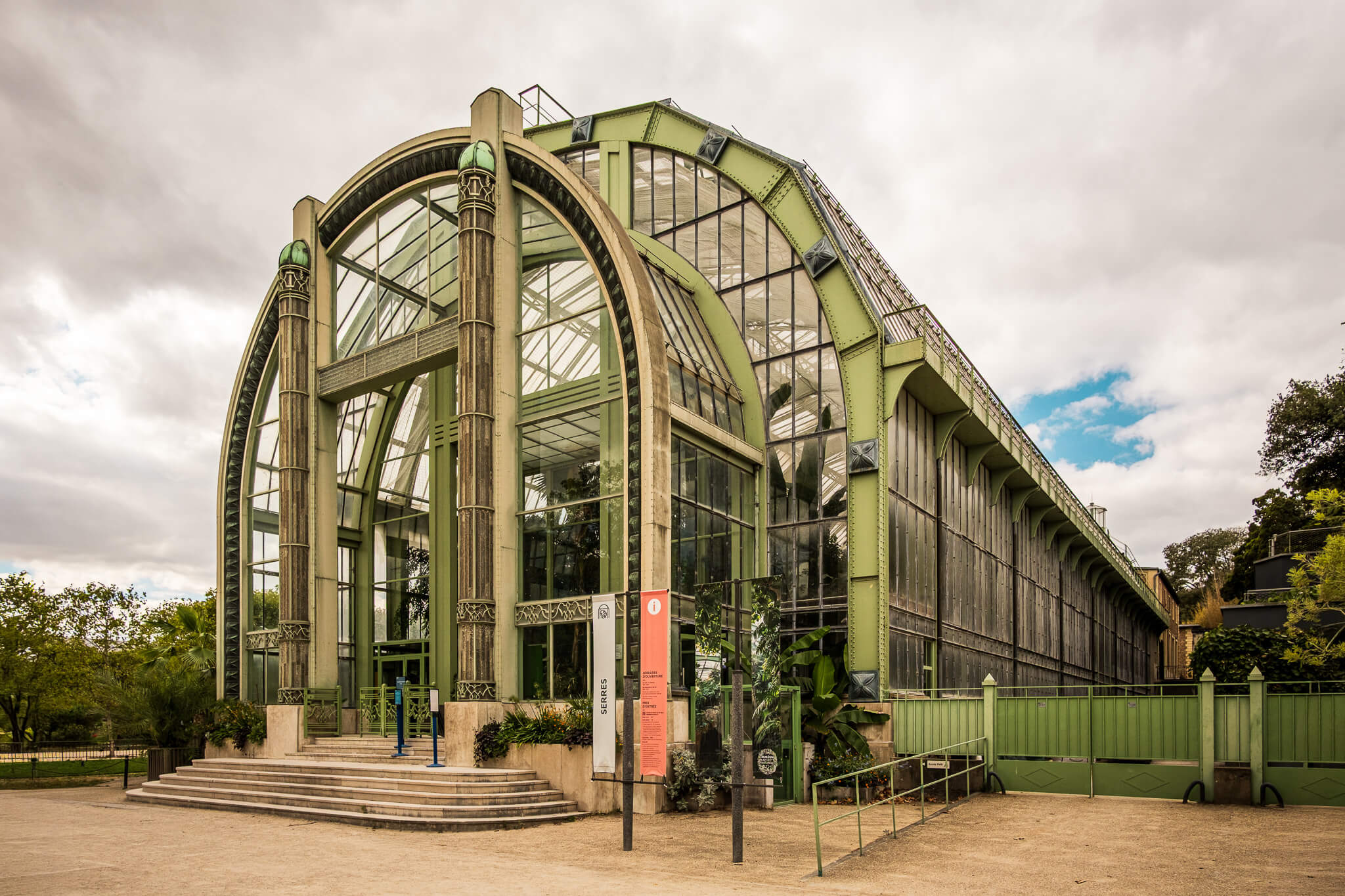 The Art Deco entrance of the Jardin d'hiver greenhouse in the Jardin des Plantes in Paris