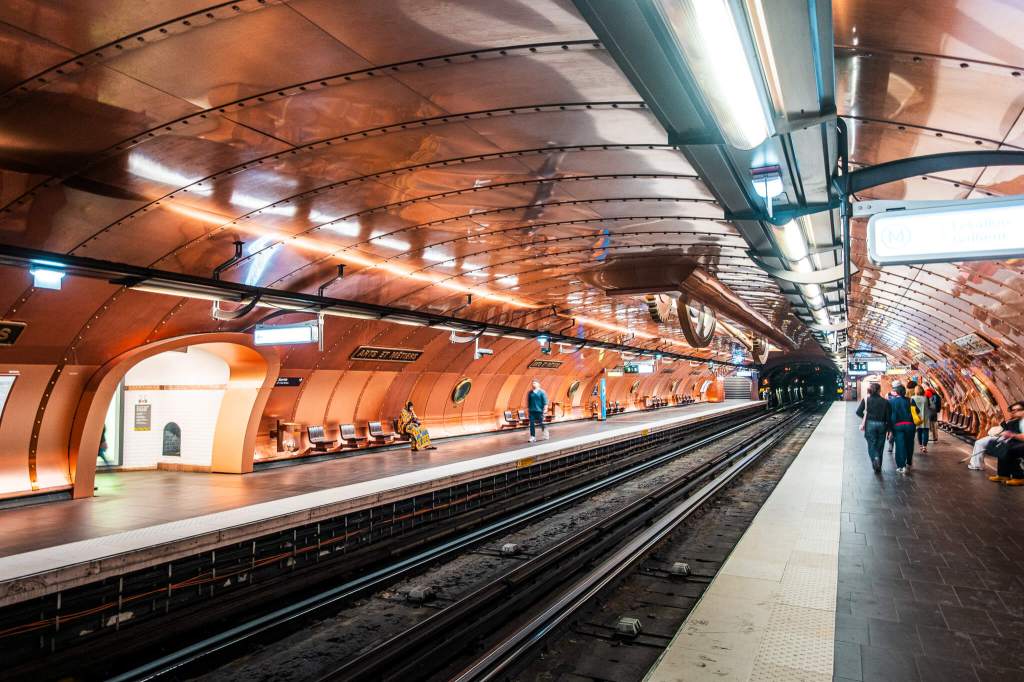 The copper-clad steampunk design at the Arts et Métiers metro station in Paris