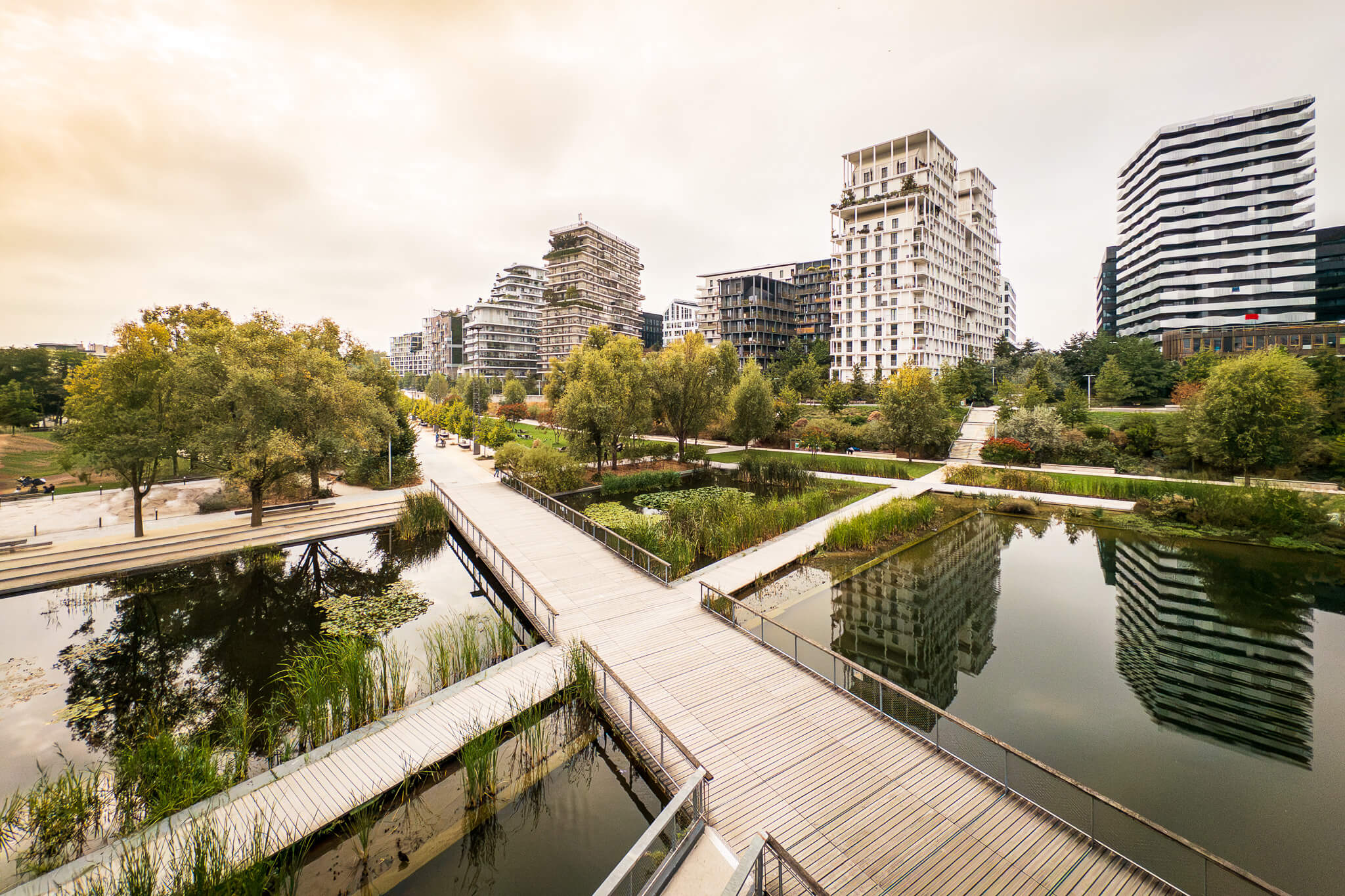 The pond and boardwalk at Parc Clichy-Batignolles–Martin-Luther-King in Paris