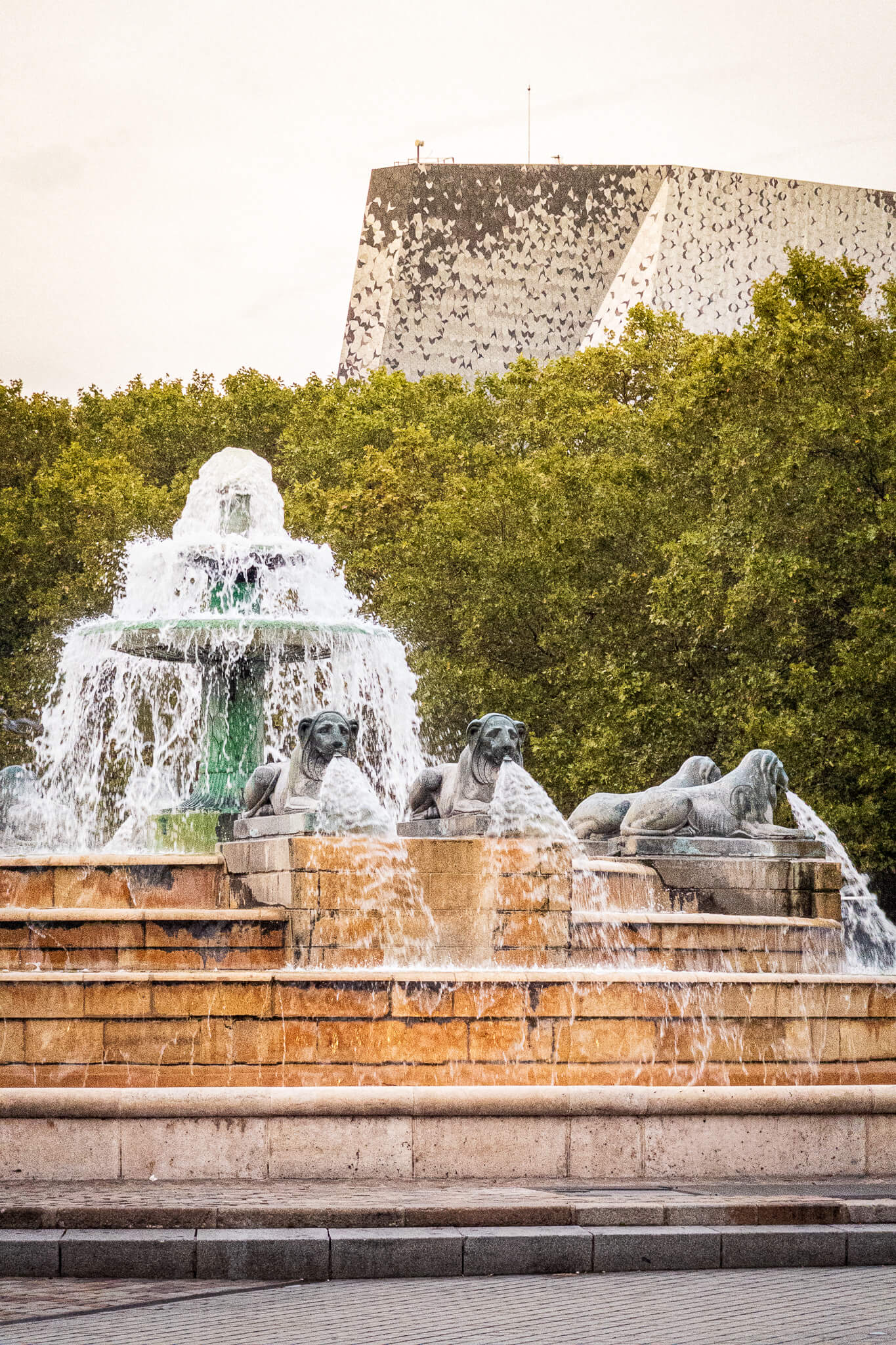 The Fontaine du Château d'eau or Fontaine aux Lions de Nubie in Parc de la Villette in Paris