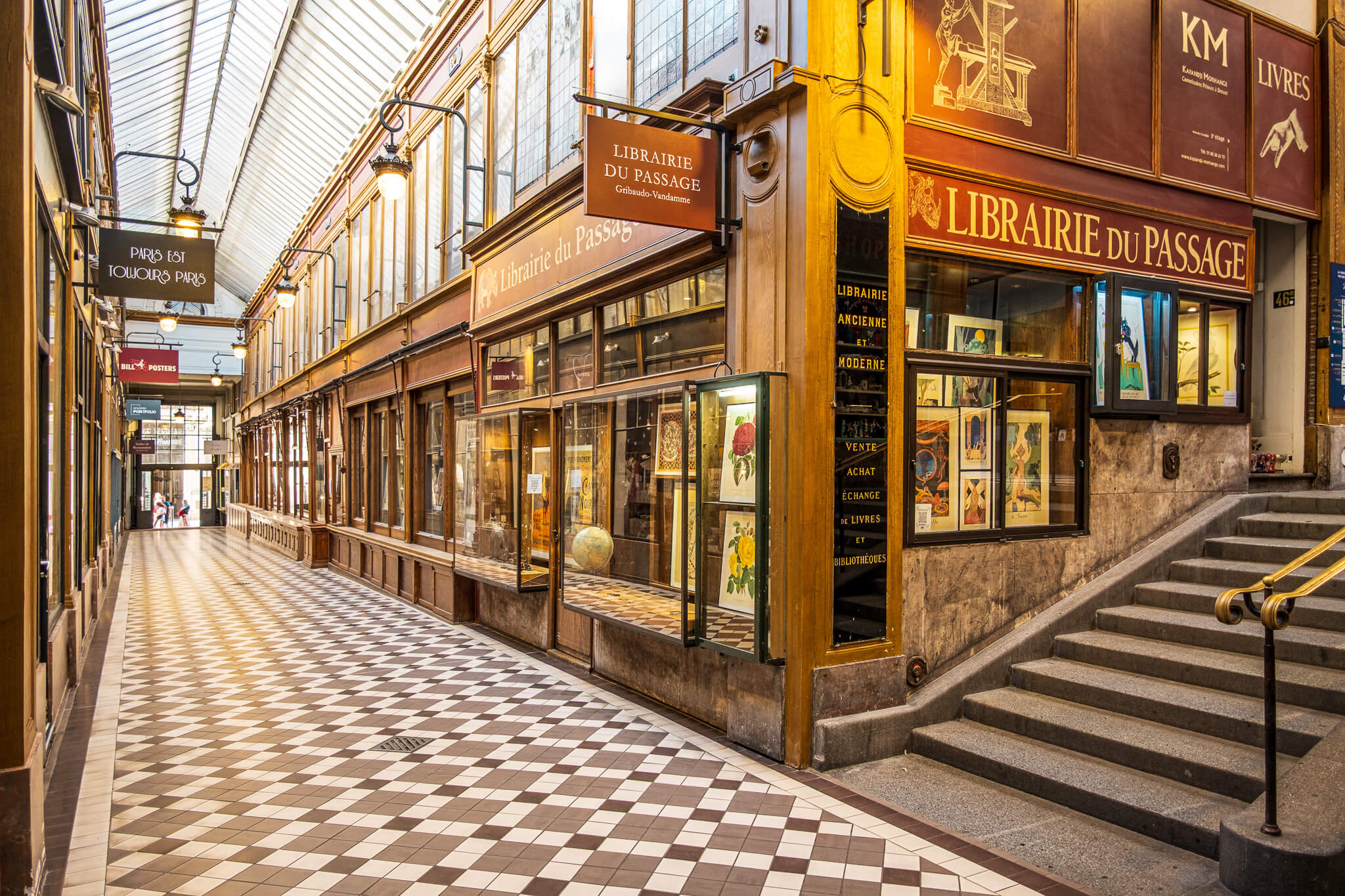 Stairs and a bend in the Passage Jouffroy covered passage in Paris