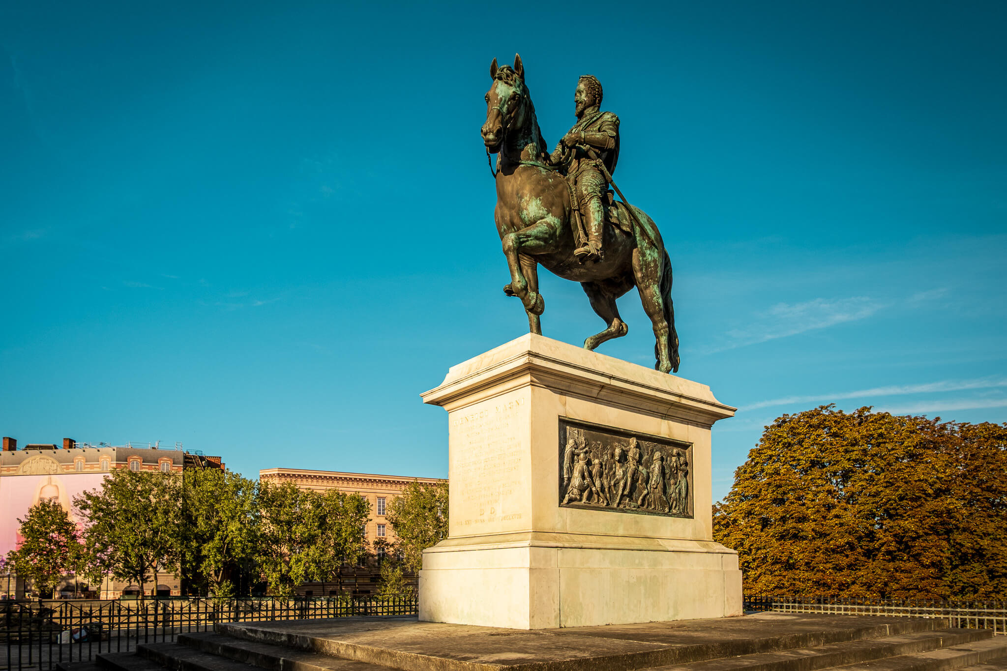 The equestrian statue of Henry IV on Pont Neuf in Paris, leading to the Square du Vert-Galant
