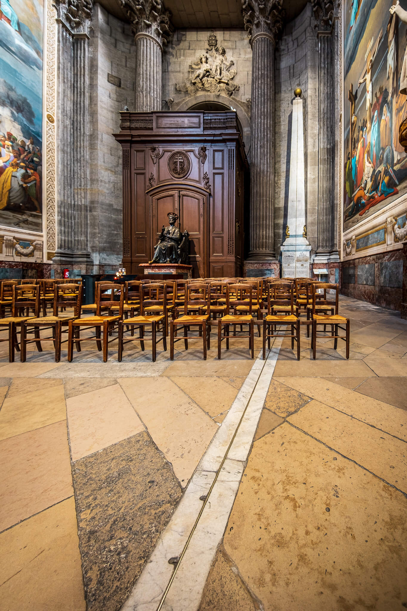 The meridian line and obelisk in Saint-Sulpice church in Paris