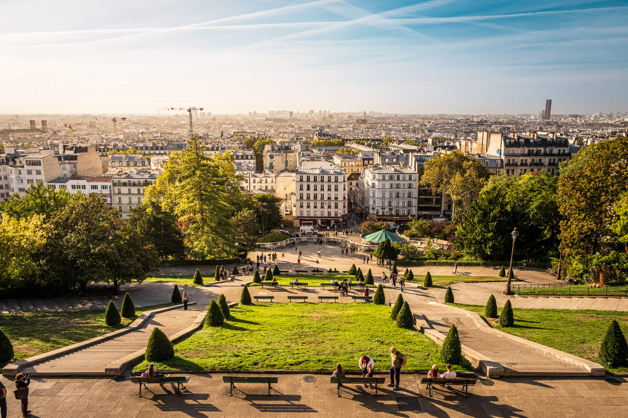 The view from Sacré-Coeur in Montmartre, over Square Louise-Michel and the city of Paris