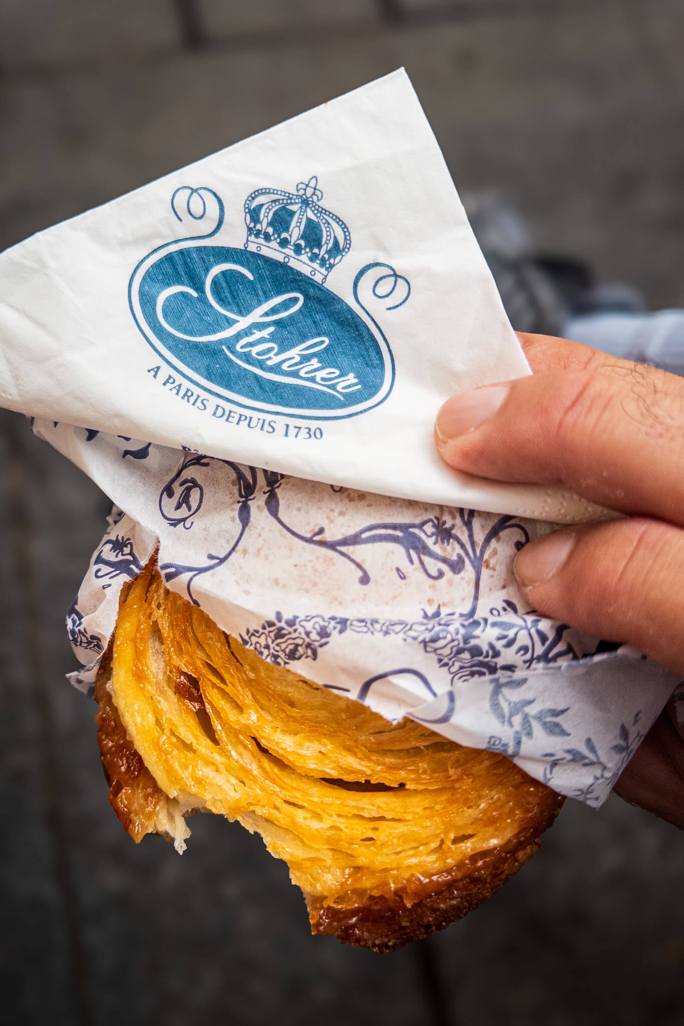 A kouign-amann pastry from Shohrer on rue Montorgueil in Paris