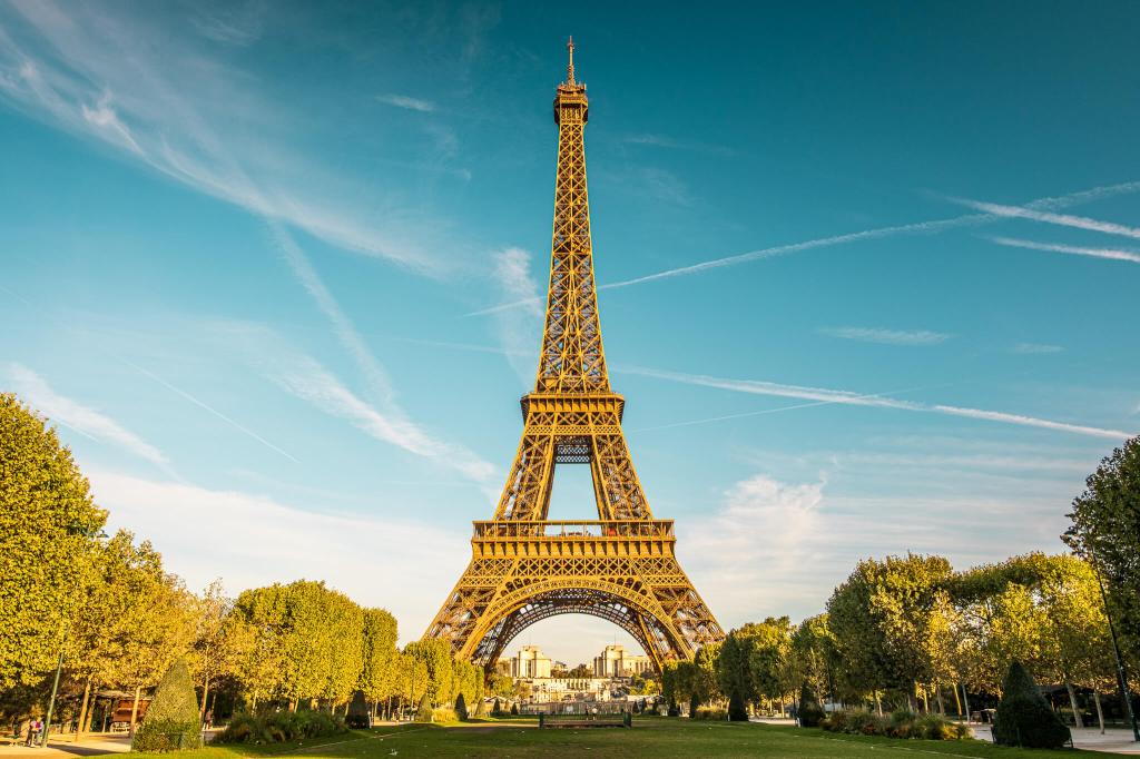 The Eiffel Tower in Paris, seen from the Champs-de-Mars